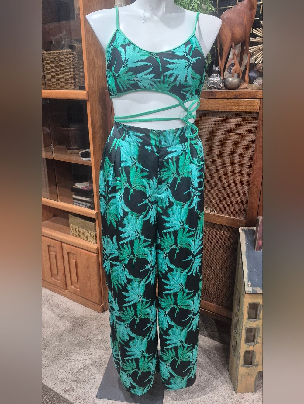FE NOEL Tropical Leaf Matching Set XL — Strappy Bralette Top & Wide-Leg Pants
